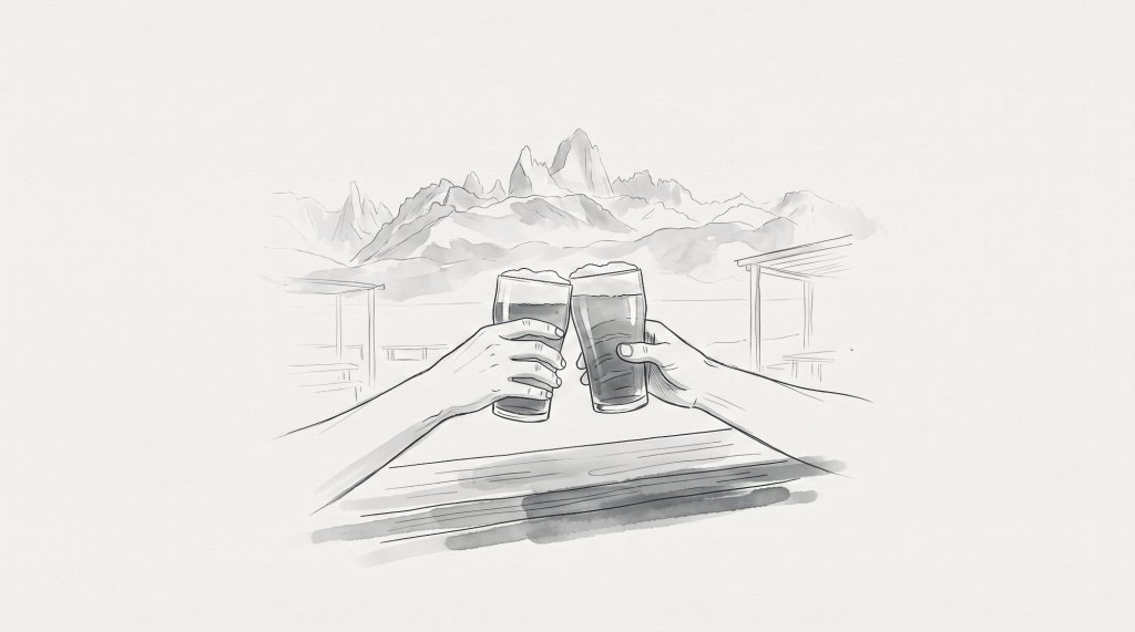 Ilustración en tinta: dos manos brindando con vasos de cerveza sobre una barra
