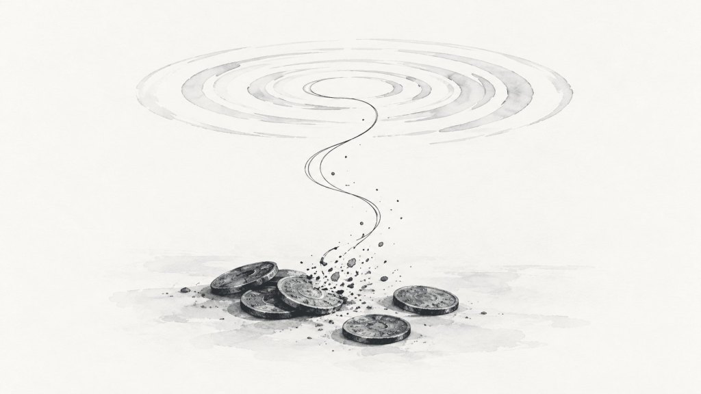 Ilustración en tinta: monedas antiguas que se disuelven en una línea que se vuelve ondas