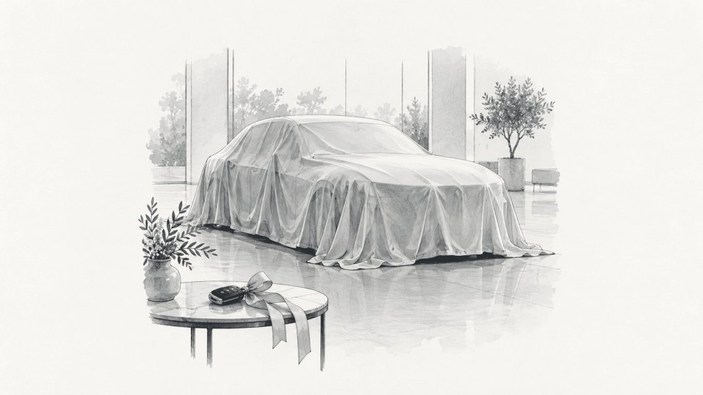 Ilustración en tinta: un auto nuevo cubierto con una tela en un salón de exposición, con una llave con moño sobre una mesa