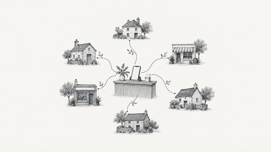 Ilustración en tinta: un mostrador con un celular conectado por líneas finas a pequeñas casas y comercios