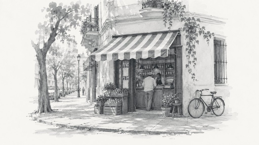 Ilustración en tinta: un almacén de barrio en una esquina, con toldo a rayas, cajones de fruta y una bicicleta