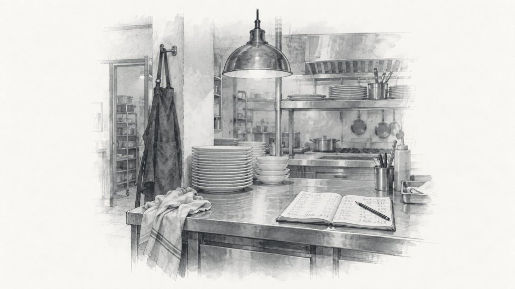 Ilustración en tinta: una cocina de restaurante al final de la noche, con platos apilados, un delantal colgado y una lámpara encendida
