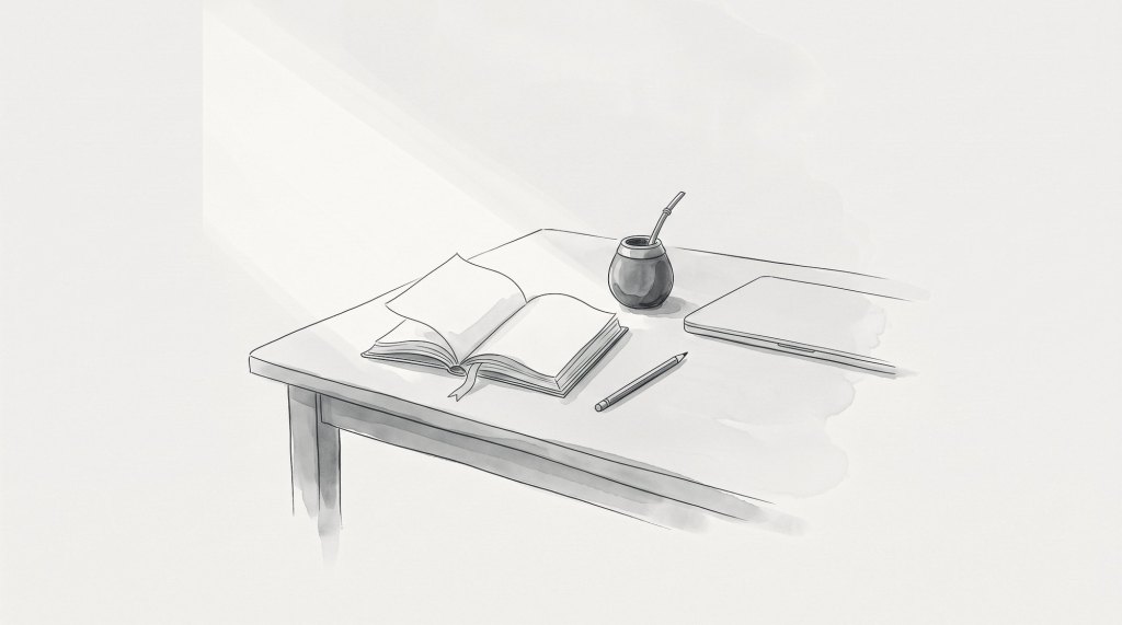 Ilustración en tinta: un libro abierto, un mate y una tablet sobre una mesa