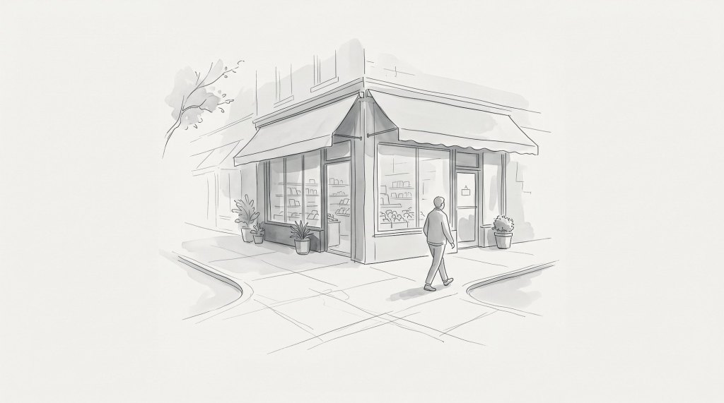 Ilustración en tinta: un comercio de esquina con toldo y una persona que camina hacia la entrada