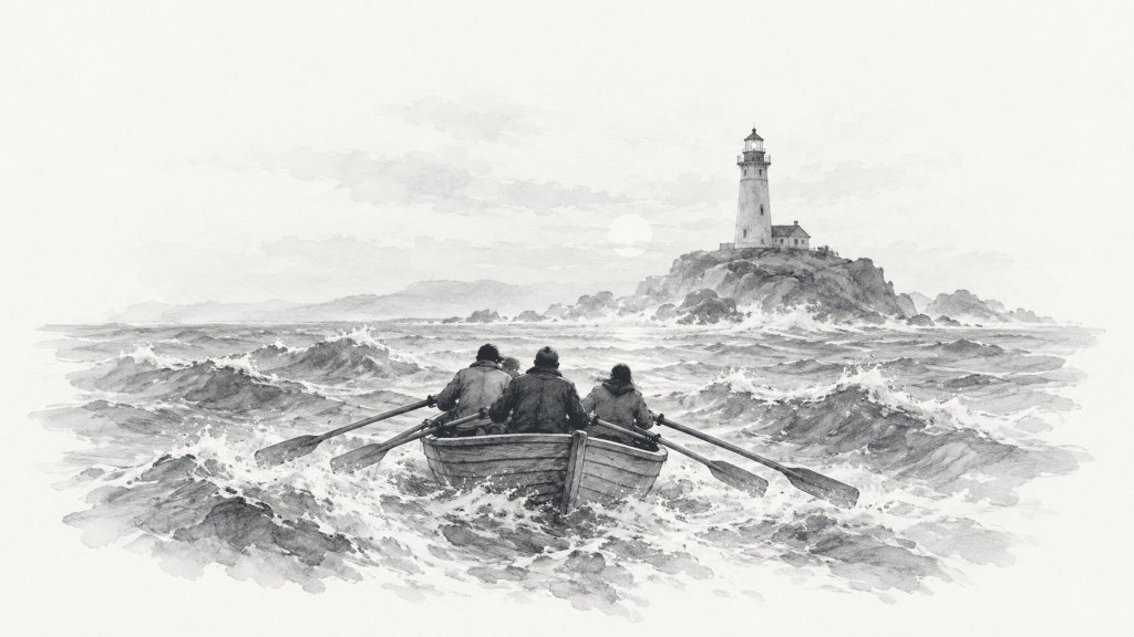 Ilustración en tinta: un bote con varias personas remando juntas en aguas agitadas hacia un faro