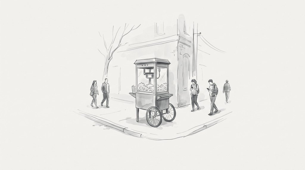 Ilustración en tinta: un carrito de pochoclos en una esquina con gente que pasa