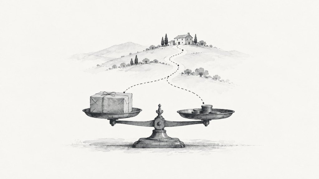 Ilustración en tinta: un paquete y unas monedas en equilibrio sobre una balanza antigua, con una ruta punteada hacia una casa