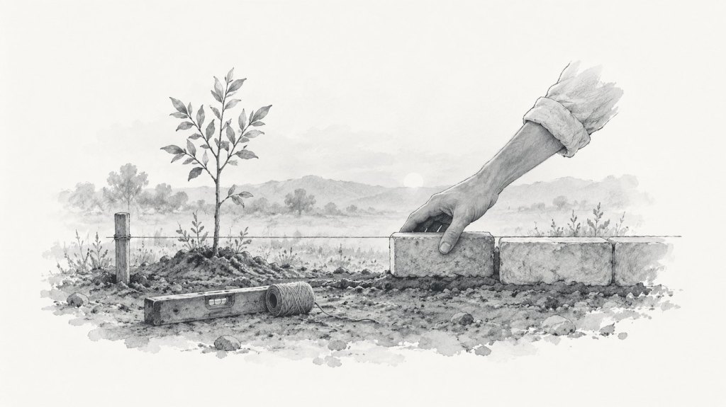 Ilustración en tinta: una mano coloca el primer ladrillo de una pared baja en un terreno vacío, junto a un arbolito