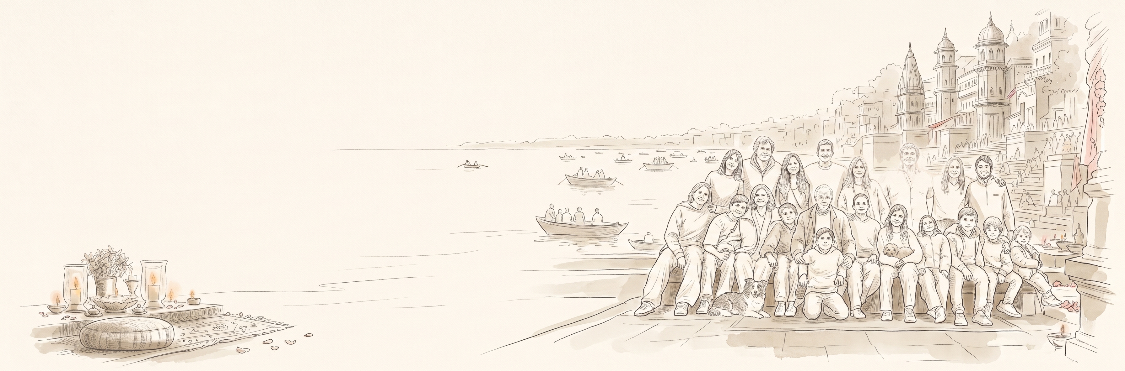 Ilustración a mano: la familia reunida a orillas de un río, con un rincón de meditación