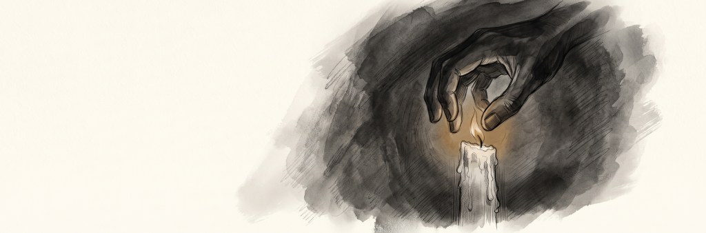 Ilustración en tinta y aguada: una mano a punto de apagar la llama de una vela