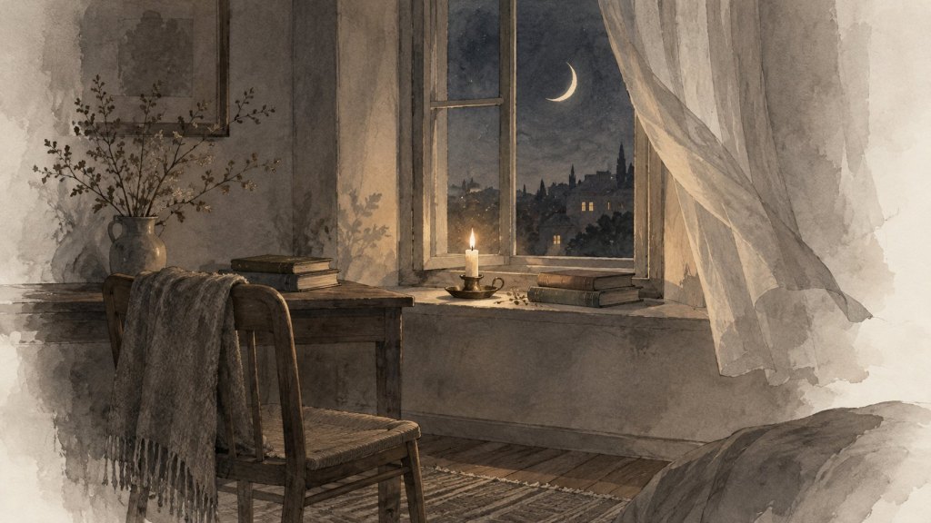 Ilustración en tinta y aguada: una ventana de noche con luna creciente, una vela encendida y una silla