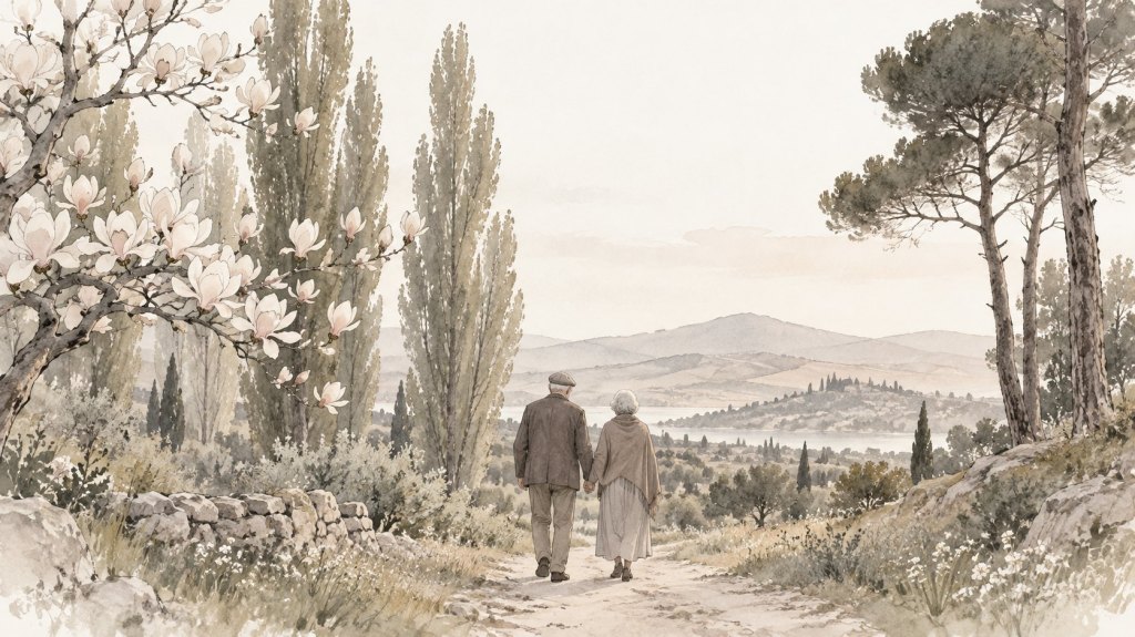 Ilustración en tinta y aguada: dos ancianos de espaldas caminan de la mano entre álamos, pinos y una magnolia