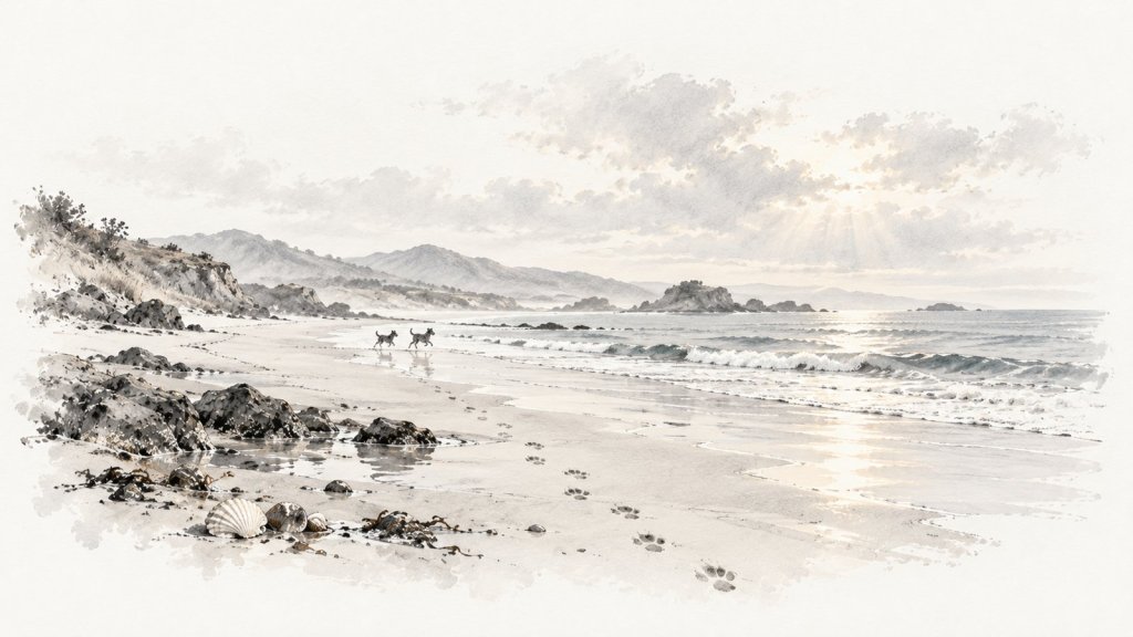 Playa desolada en invierno, con rocas, caracoles y dos perros corriendo a lo lejos