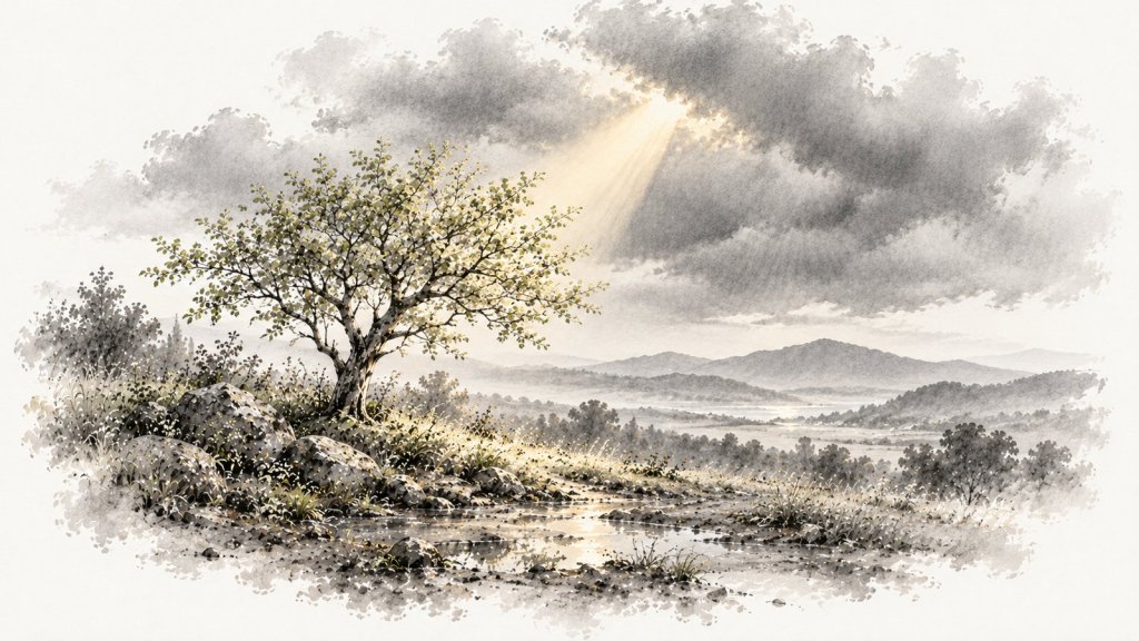 Un rayo de sol atraviesa nubes de tormenta sobre un árbol que reverdece