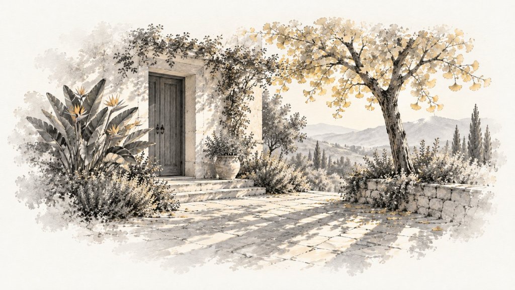 Entrada de una casa con estrelitzias y un ginkgo de hojas amarillas, sombras largas en el piso