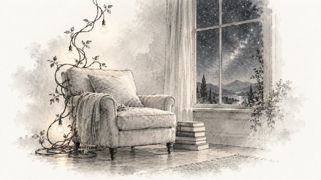 Sillón junto a una pila de libros, con cables que trepan como enredaderas y una ventana a las estrellas