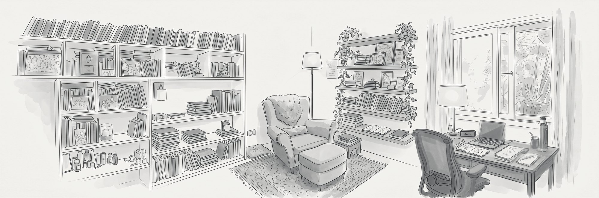 Ilustración en tinta: un estudio con bibliotecas, un sillón de lectura y un escritorio junto a la ventana