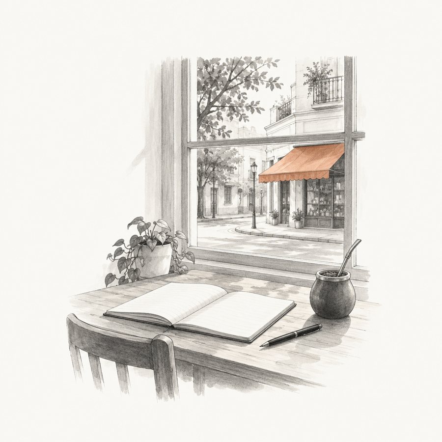 Escritorio con una libreta abierta y un mate frente a la ventana; afuera, un comercio de barrio con toldo terracota