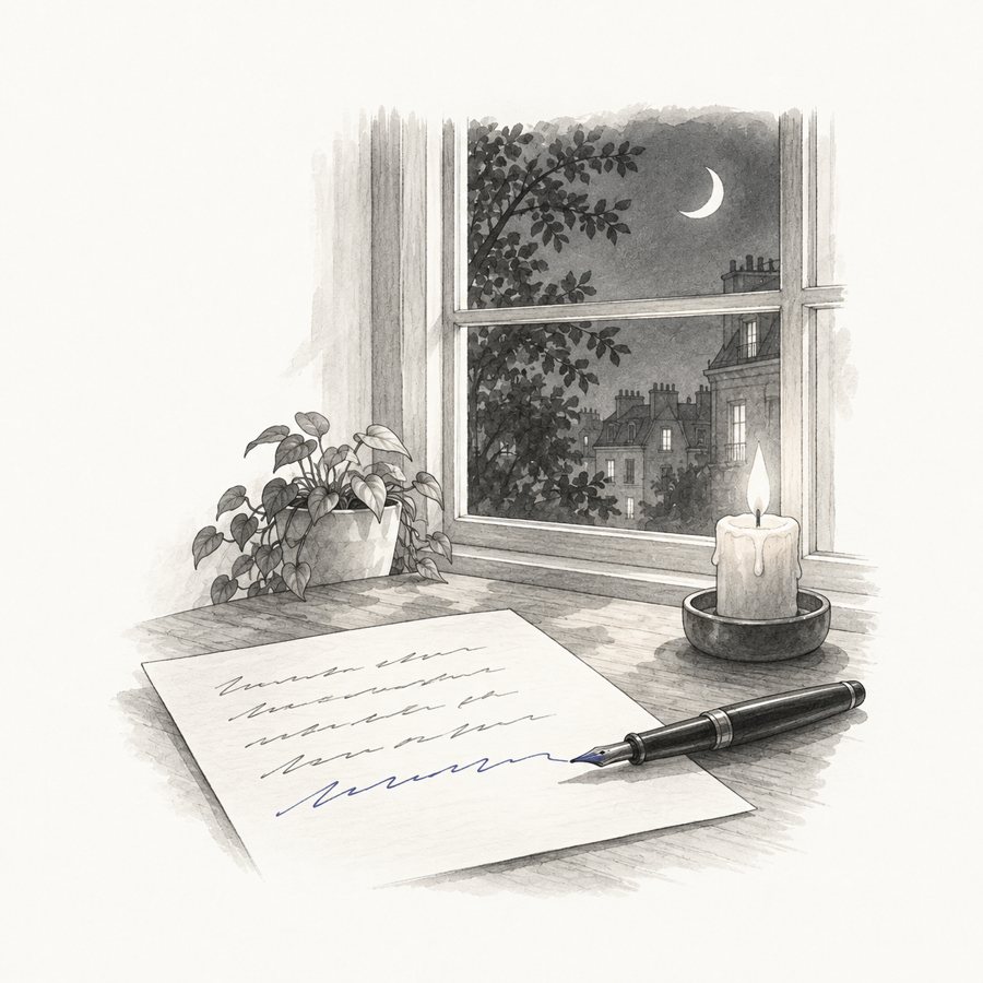 Hoja manuscrita, una pluma y una vela junto a una ventana de noche con luna creciente