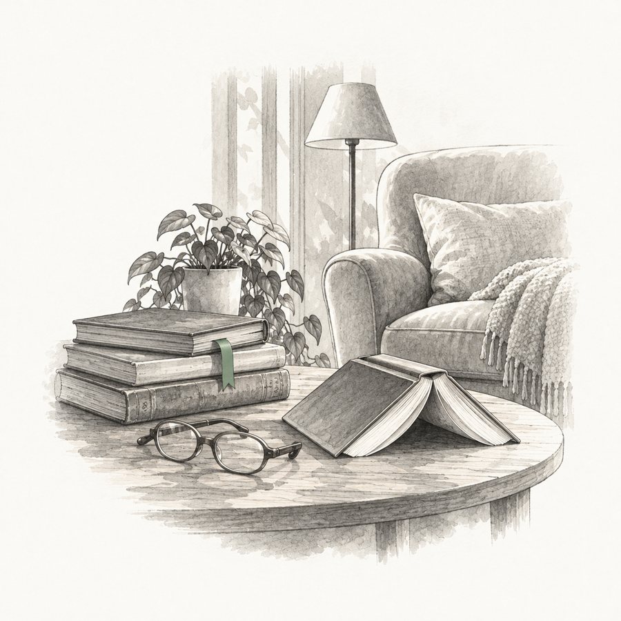 Pila de libros junto a un sillón de lectura, con un libro abierto y un señalador verde