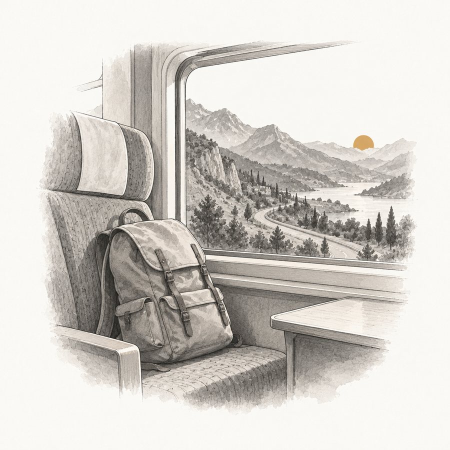 Mochila en el asiento de un tren; por la ventana, montañas, un camino y el sol bajo