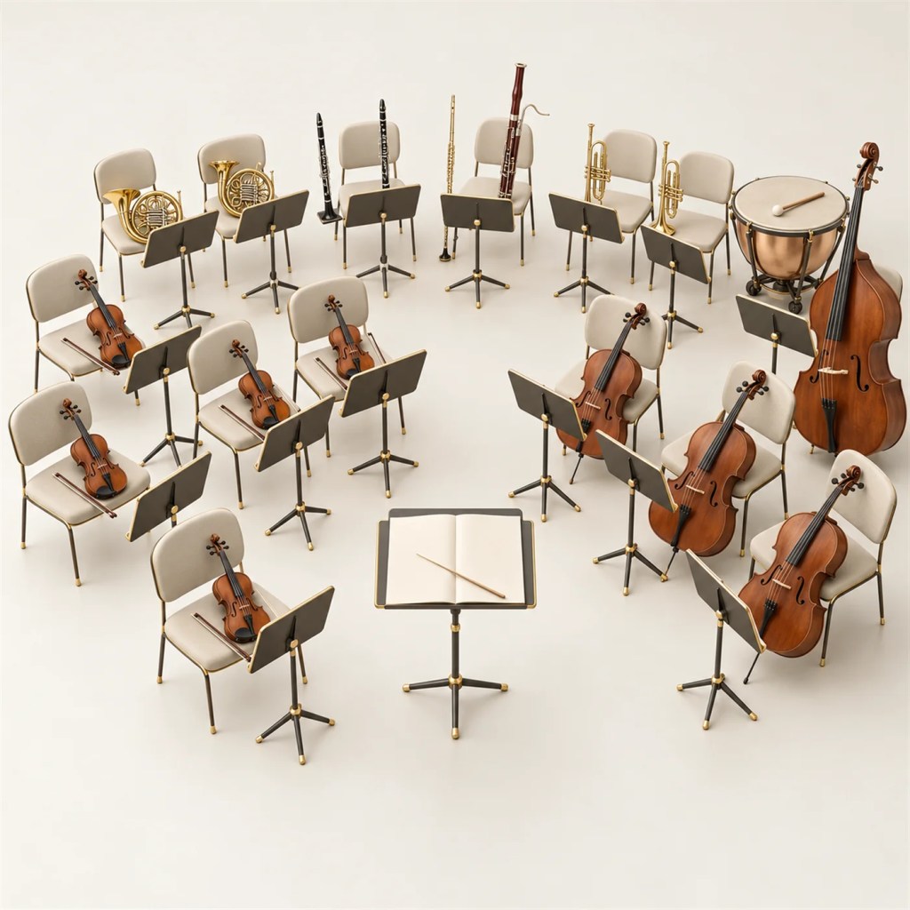 Miniature orchestra: chairs, music stands and instruments in a semicircle around a conductor’s stand with the baton resting on the score
